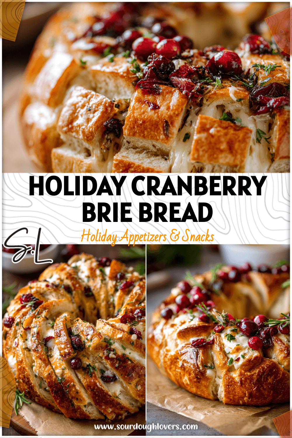 Round sourdough bread wreath topped with brie and cranberries served as a Festive Appetizer.